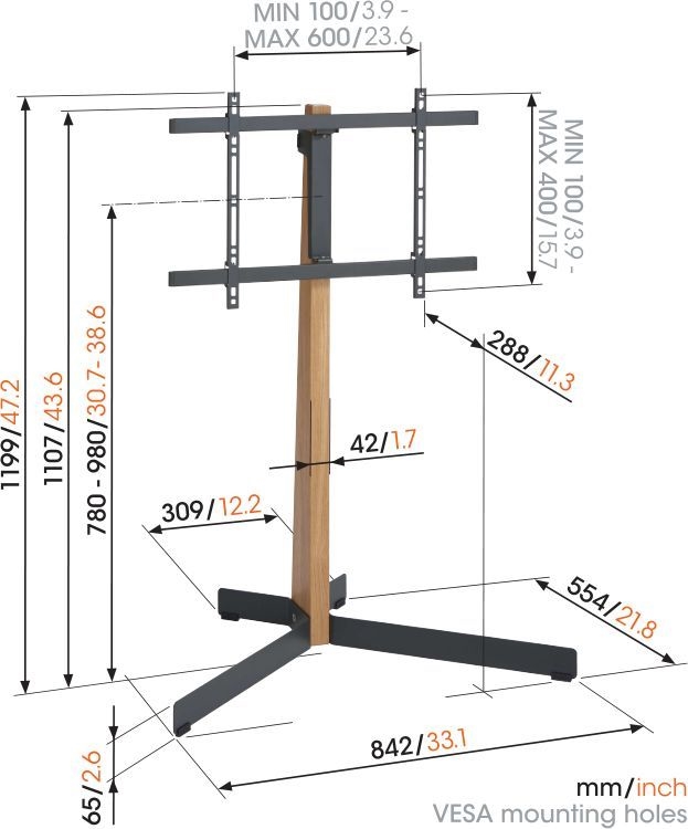 TVS 3695 | tv vloerstandaard | Eikenhoud & staal | 40-77" 6